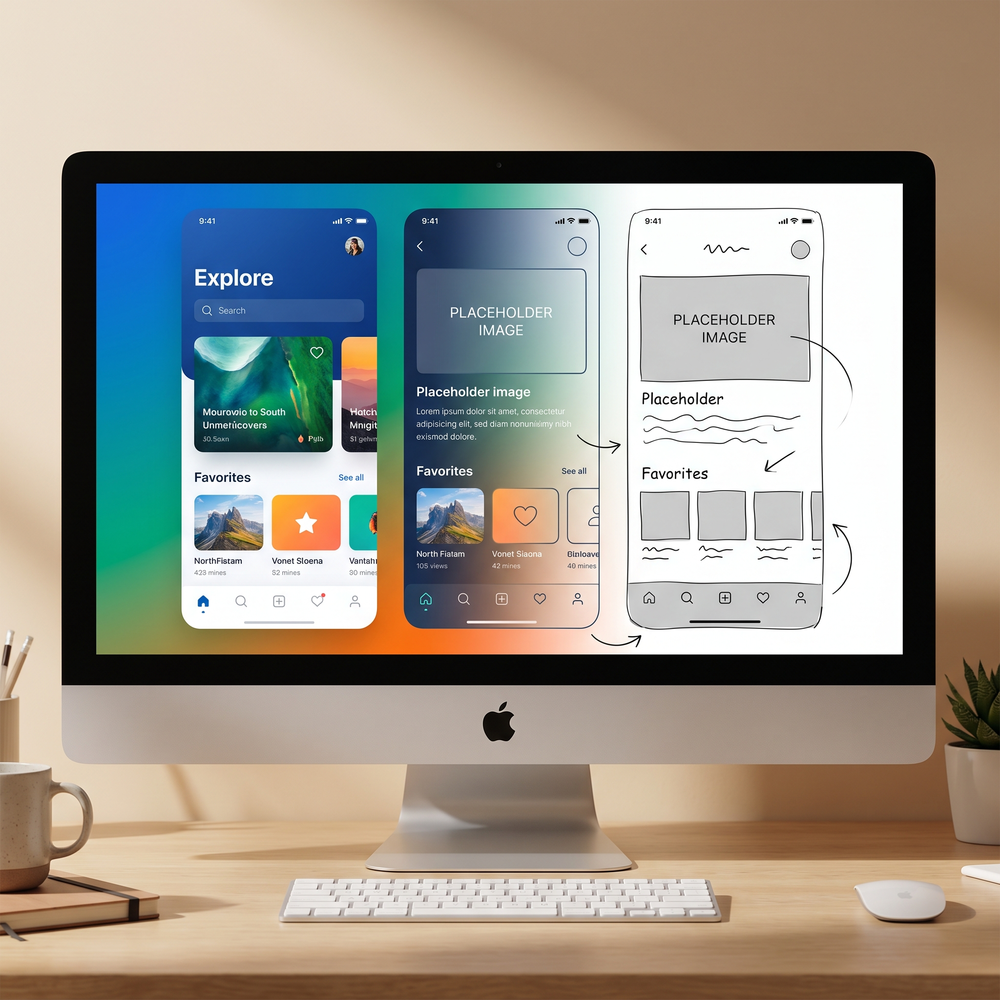 iMac met wireframe die transformeert naar een afgewerkte app